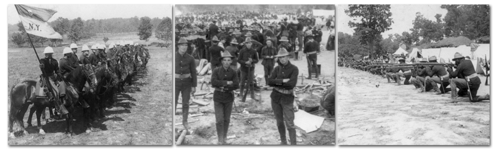 Three black and white photographs showing scenes from Camp Alger. On the left, cavalry soldiers on horseback are formed in a line. One holds a flag showing that the men are from New York. In the center, a group of soldiers stand, arms crossed, facing the camera. Behind them are scores of soldiers at work in the camp. On the right is a photograph of African-American soldiers in kneeling position, guns at the ready, shooting target practice.
